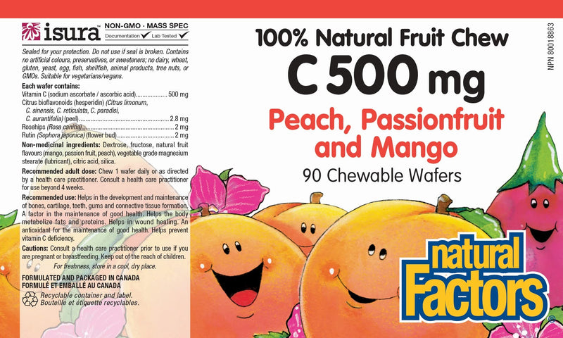 [Australia] - Natural Factors, Vitamin C 500 mg, Kids Chewable, Peach, Passionfruit, Mango, Vegan, Non-GMO, 90 wafers (90 servings) Peach, Passionfruit and Mango 90 Count (Pack of 1) Standard Packaging 