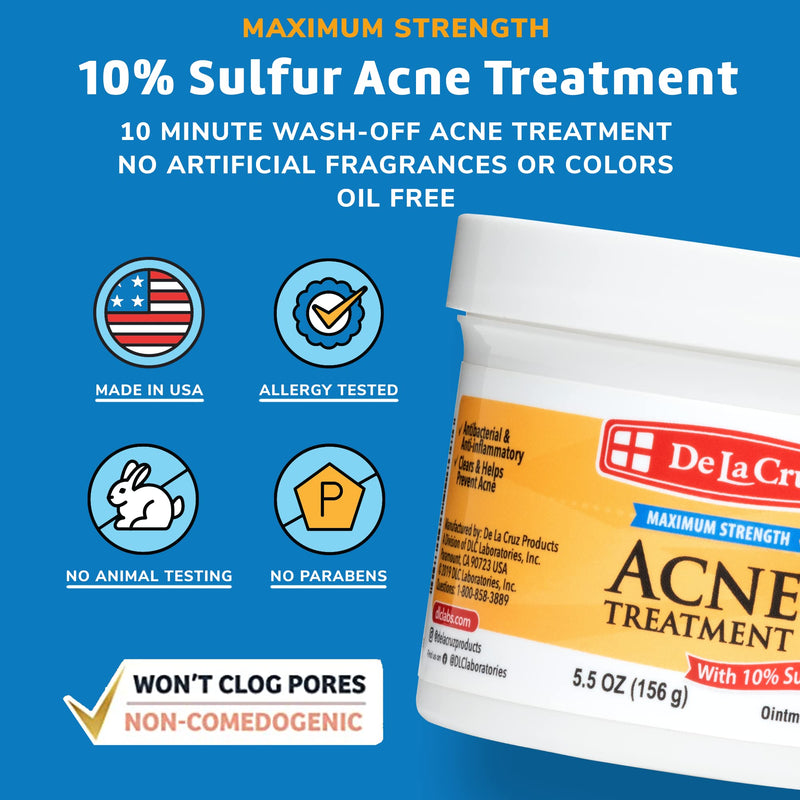 [Australia] - De La Cruz 10% Sulfur Ointment Acne Treatment - Medication to Clear Cystic Acne Pimples and Blackheads on Face and Body - Made in USA - Jumbo Size 5.5 oz 