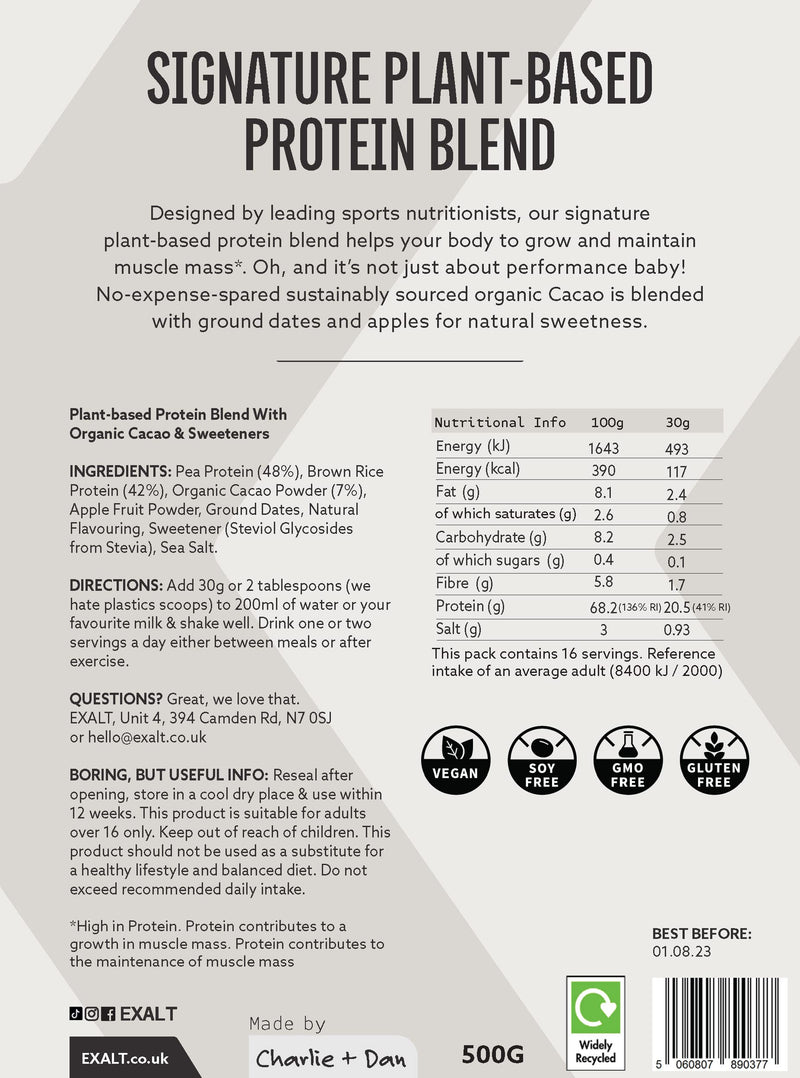 [Australia] - EXALT Vegan Protein Powder - 100% Plant-Based – Gluten Free - Keto Friendly - No Artificial Flavours or Additives (Cacao) Organic Cacao 