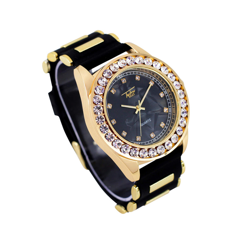 [Australia] - Mens Hip Hop Iced Out Silicone Band Watch with Marble Dial and Solitaire Bezel and Unique Time Indicators - Silicone Band Breathable Strap with Adjustable Holes GOLD / BLACK 