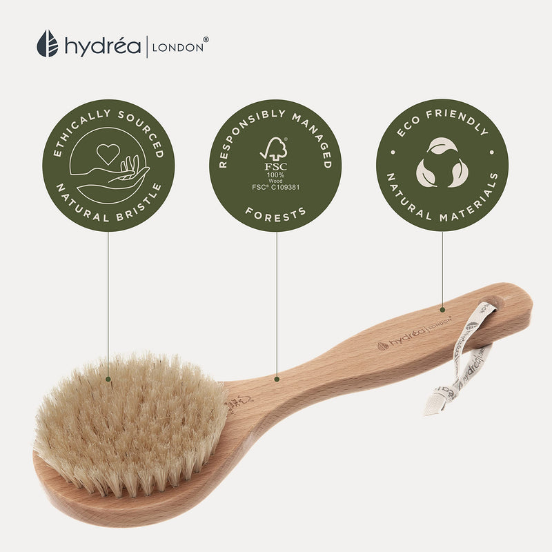 [Australia] - Hydrea London Dry Body Brush – Premium Exfoliating Dry Skin Brush with Natural Bristle, Dry Brush Cellulite Remover, Exfoliating Body Scrubber, Helps Improve Lymphatic Drainage, FSC® Certified Beechwood. 