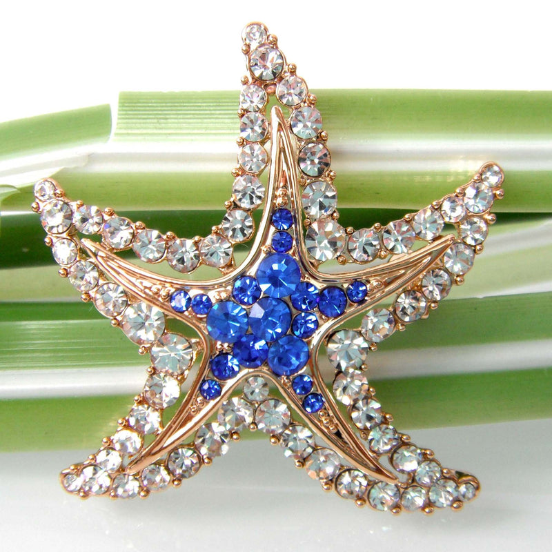 [Australia] - Navachi 18k Gold Plated Multi-Color Crystal Sea Star Starfish Brooch Pin Blue 
