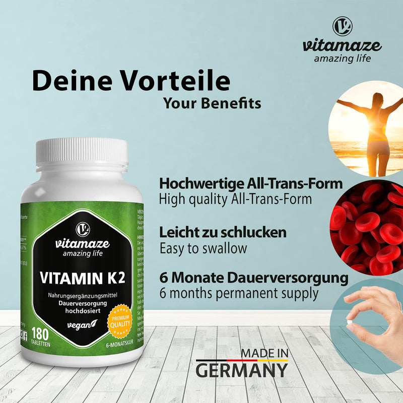 [Australia] - Vitamaze® Vitamin K2 MK-7 200 mcg Vegan & High Strength Menaquinone, 180 Tablets for 6 Months, German Quality, Natural & Organic Supplement Without Additives 