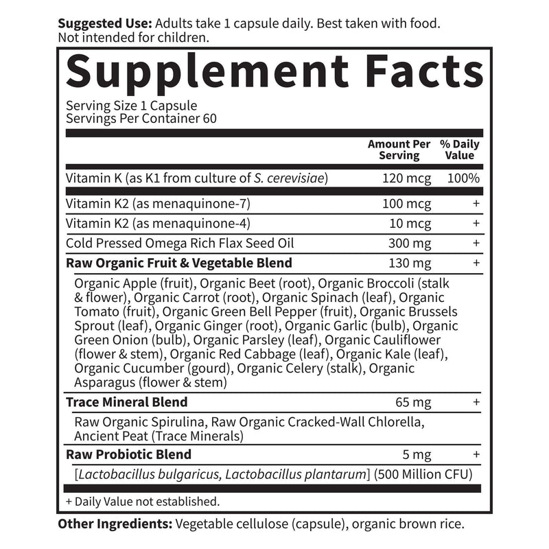 [Australia] - Vitamin K2 and K1 by Garden of Life, Vitamin Code Vegan K Complex Vitamin for Bone Strength and Heart Health, Vitamin K1 and K2, Omega Rich Flax Seed Oil, Trace Minerals, Probiotics, 60 Day Supply 