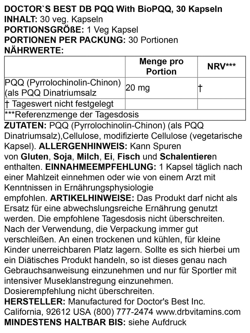 [Australia] - Doctor's Best PQQ with BioPQQ, Non-GMO, Vegan, Gluten & Soy Free, 20 mg, 30 Count 