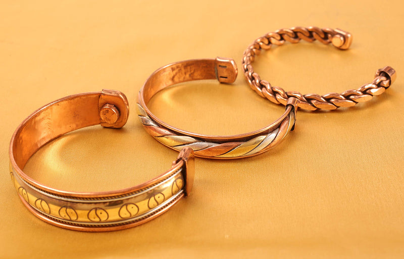 [Australia] - Touchstone Indian Hand Crafted Magnet Copper Bracelet Chakra Jewelry Cuff Gift Women Men. Set of 3 Copper & Brass 4 