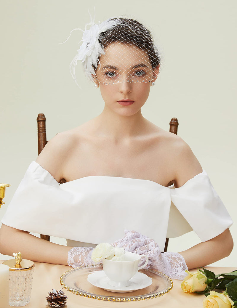 [Australia] - BABEYOND Fascinator Hat Veil Feather Fascinator Hair Clip Tea Party Pillbox Derby Hat Fascinator Bridal Wedding Veil B-beige 