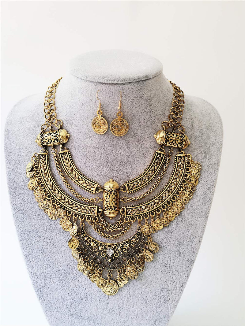 [Australia] - Ufraky Women Vintage Bohemian Ethnic Gypsy Bib Chunky Festival Statement Coin Necklace and Earrings Set Anti gold 