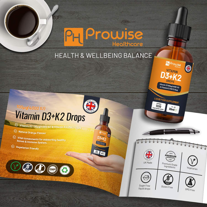 [Australia] - Vitamin D3 4000iu + K2 MK7 25�g I Orange Liquid Drops I High Strength 4000iu D3 + 25�g K2-30ml Bottle I Fast Absorption I 1200 Vegetarian Drops - Made in UK by Prowise Healthcare 