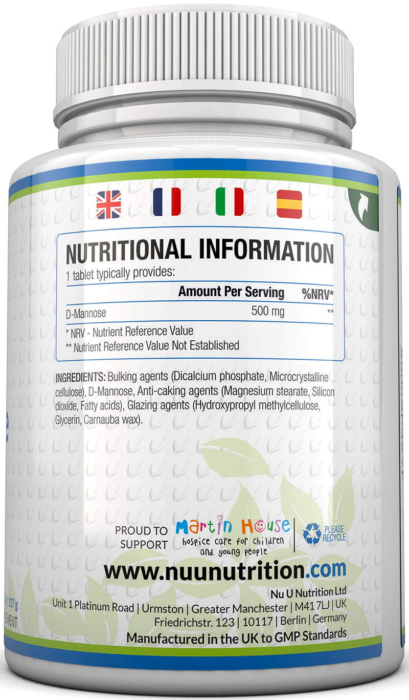[Australia] - D-Mannose Tablets 500mg | 120 Tablets | High Strength | Allergen Free and Suitable for Vegetarians and Vegans | Not Mannose Capsules or Powder Made in The UK by Nu U Nutrition 