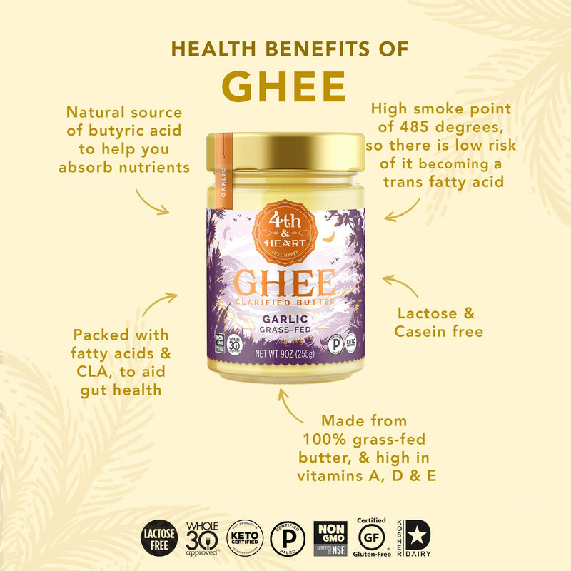[Australia] - 4th & Heart California Garlic Grass-Fed Ghee, 9 Ounce, Keto, Pasture Raised, Non-GMO, Lactose and Casein Free, Certified Paleo 