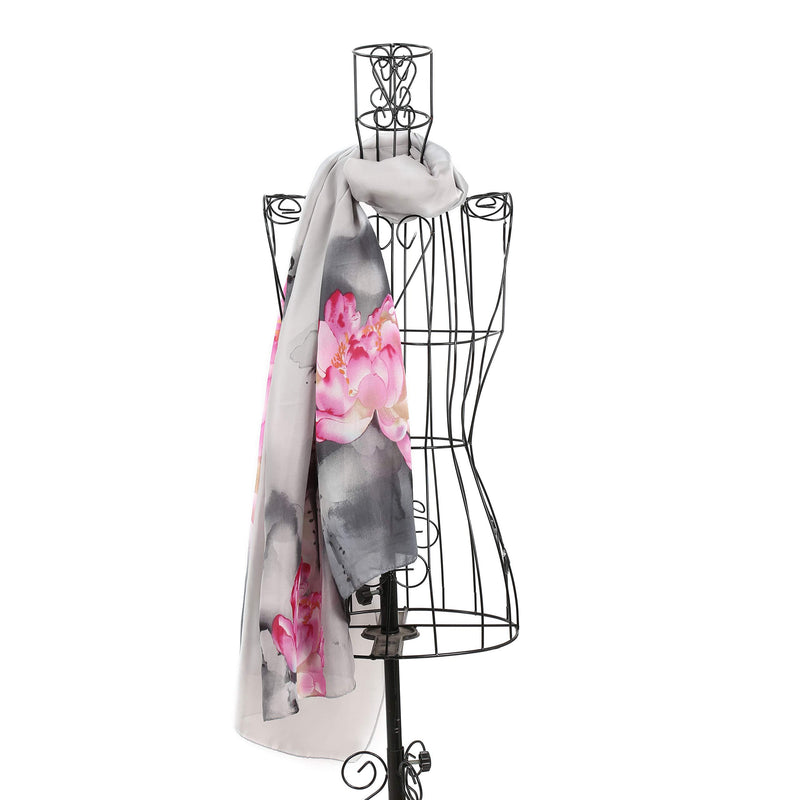 [Australia] - LanSilk Women Silk Scarf Fashion - Elegant Lightweight Silk Cashmere Lady Head Scarf Neck Scarf Hair Scarf Long Large Scarves for Ladies (170x86cm) Lotus Silver White Flower 