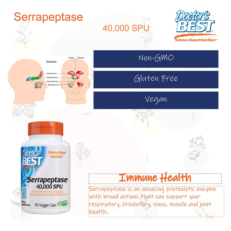 [Australia] - Doctor's Best Serrapeptase, Non-GMO, Vegan, Gluten Free, Supports Healthy Sinuses, 40,000 SPU, 90 Count (Pack of 1) 