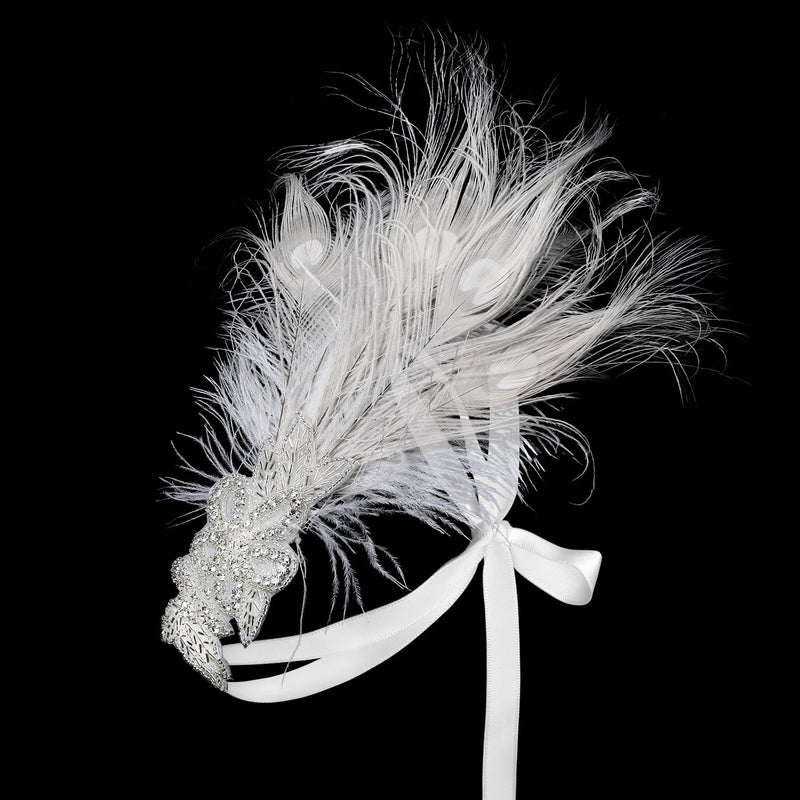 [Australia] - BABEYOND Women's Peacock Gatsby Party Wedding Headband with Ribbon Flapper Costumes Accessories Peacock Headband with Feather Apricot 