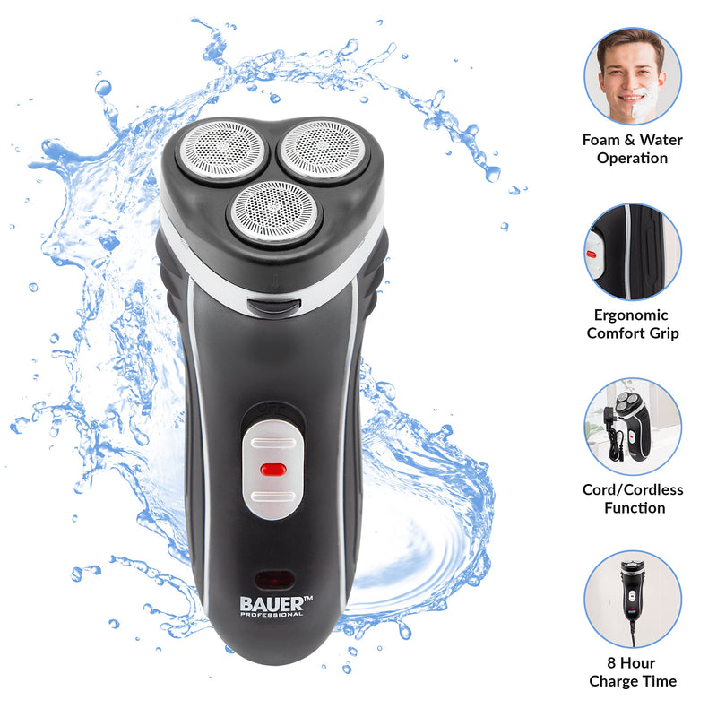 [Australia] - Bauer Professional 38780 Men’s Electric Shaver / Three Flexible Rotary Heads / Ergonomic Grip / Pop-Up Sideburn Trimmer / Cordless & Rechargeable / Head, Face & Body Shaver 