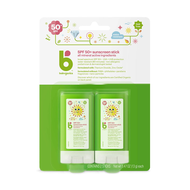 [Australia] - Babyganics SPF 50 Travel Size Baby Sunscreen Stick UVA UVB Protection | Water Resistant |Non Allergenic, 2 Pack 0.47 Ounce (Pack of 2) 