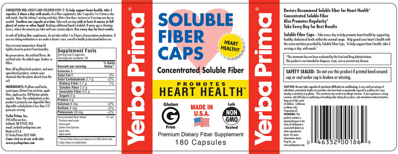 [Australia] - Yerba Prima Soluble Fiber Formula Capsules, 180 Count - Premium Dietary Fiber Supplement, Natural, Concentrated Soluble Fiber, Promotes Heart Health, Gluten Free, Non-GMO, Made in USA 