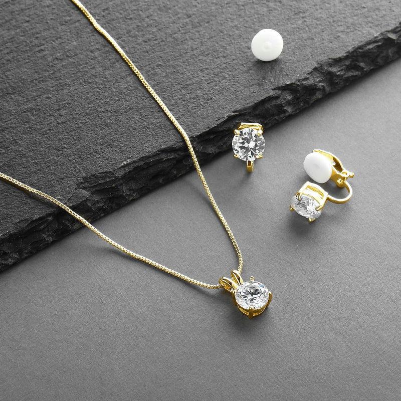 [Australia] - Mariell 14K Gold Plated Cubic Zirconia Jewelry Set - 2cwt Round Pendant with Matching Clip-On Earrings 