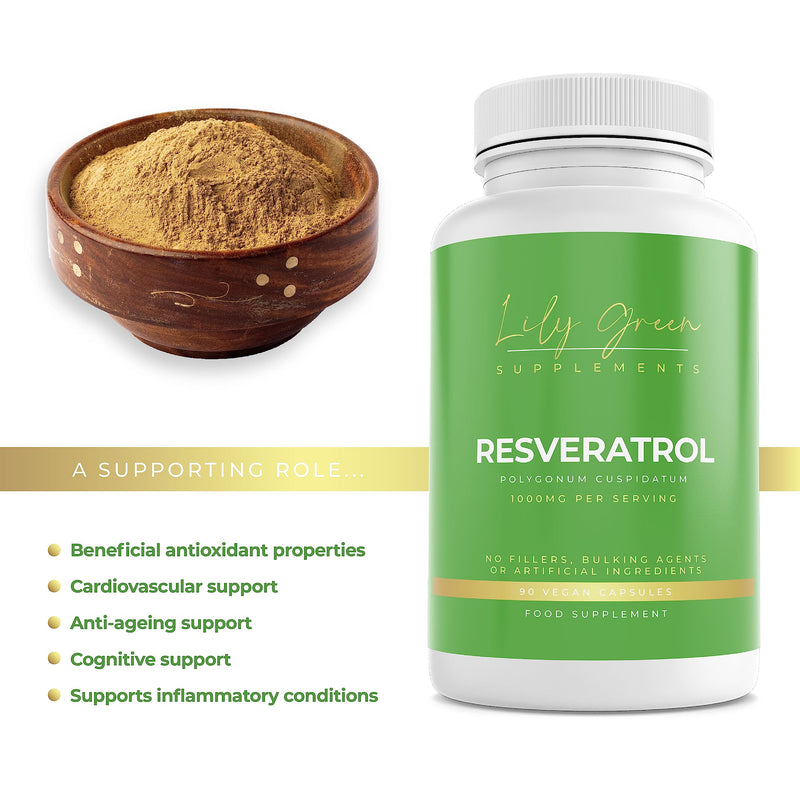 [Australia] - Lily Green | Resveratrol 1000mg per Serving | 90 Vegan Capsules | Anti-Ageing Support | High Strength Antioxidant | Polygonum Cuspidatum | No Artificial Additives | Made in UK 