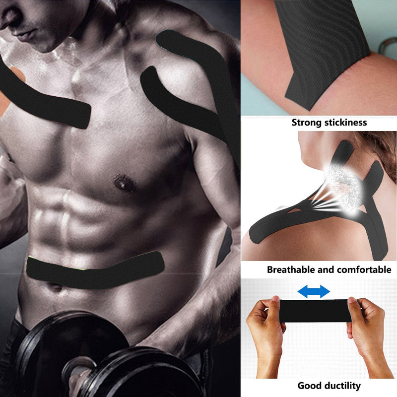 [Australia] - FOU Kinesiology Recovery Therapeutic Tape, Waterproof Muscle Support for Athlete,Sports Injury Tape 1 inch x 16.4 ft / 2.5cm x 5m Black 2 rolls 
