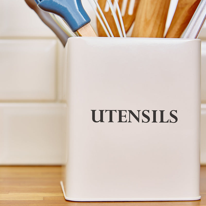 [Australia] - Andrew James Vintage Kitchen Utensil Holder Caddy | Large Retro Square Storage Holder Cream with Black Text | Vintage Style | 14cm x 14cm x 16.3cm 