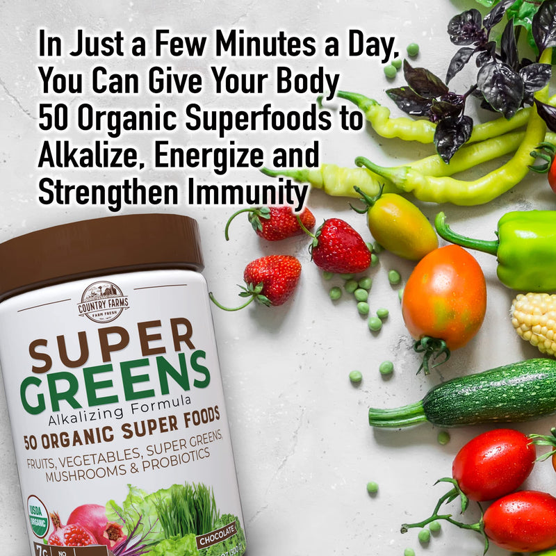 [Australia] - Country Farms Super Greens Flavor, 50 Organic Super Foods, USDA Organic Drink Mix, 20 Servings (Packaging May Vary), (N9880) Chocolate, 10.6 Oz 