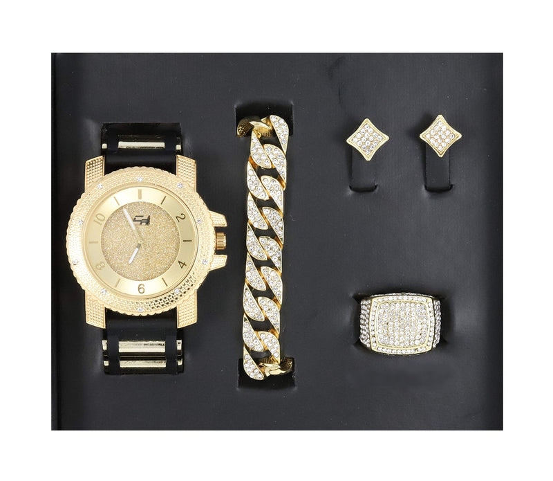 [Australia] - Bling-ed Out It's Lit! Hip Hop Watch & Jewerly Set w/Cuban Chain Bracelet, Kite Bling Earrings & Ring - GJM13 8 Gold 