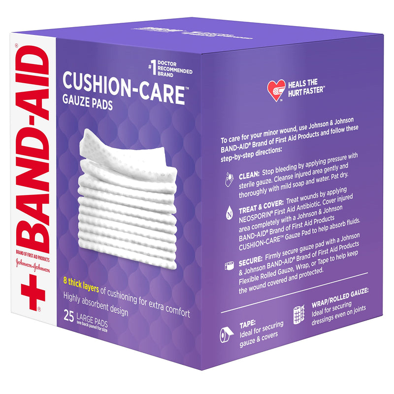 [Australia] - Band-Aid Brand Absorbent Cushion Care Sterile Square Gauze Pads for First Aid Protection of Minor Cuts, Scrapes & Burns, Non-Adhesive, Wound Care Dressing Pads, Large, 4 in x 4 in, 25 ct 