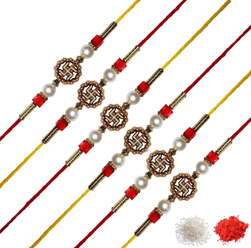 [Australia] - Satvik Emporium Set of 12 Pcs Handmade 'Swastik White Beads' Dora Rakhi for Brothers with Roli & Chawal | Rakhi for Raksha Bandhan Festival | Bracelets Rakhi | Best Gift for Brothers | Indian Rakhi. (Set of 12) 