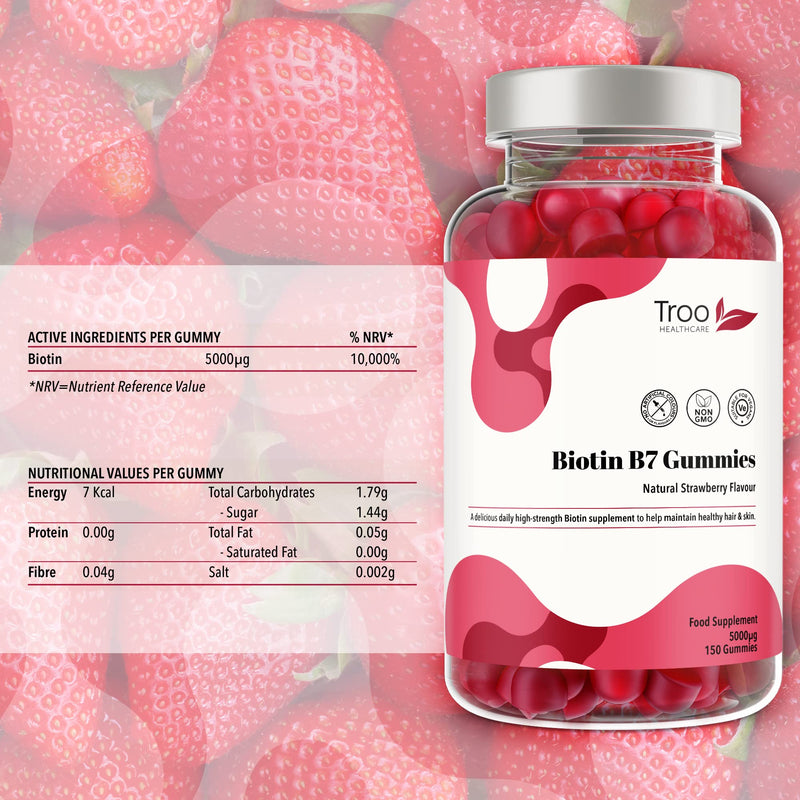 [Australia] - Biotin 5000mcg Hair, Skin and Nail Growth Support Gummy Supplement - 150 Natural Strawberry Flavour Chewable Gummies - 5 Months Supply � Vegan Friendly � For Men and Women 