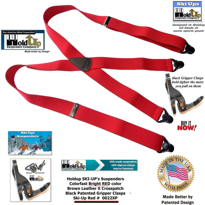 [Australia] - USA Made HoldUp Brand Ski-Ups series bright RED X-back Suspenders with Patented Black Gripper Clasps in 1 1/2" width 