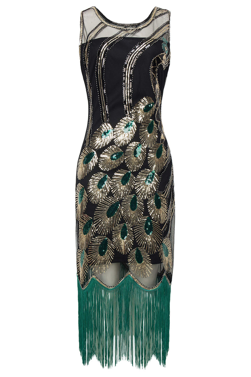 [Australia] - BABEYOND 20's Vintage Peacock Sequin Fringed Party Flapper Dress Black With Green Fringe-2 Medium 