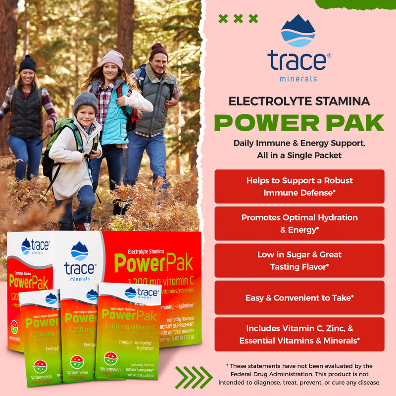 [Australia] - Trace Minerals – Power Pak (Watermelon) | Electrolyte Powder Packets with Vitamin C & Zinc | Powerful Hydration, Immune, Stamina & Energy Support with Essential Vitamins & Minerals (30 Packets)… (1) 1 