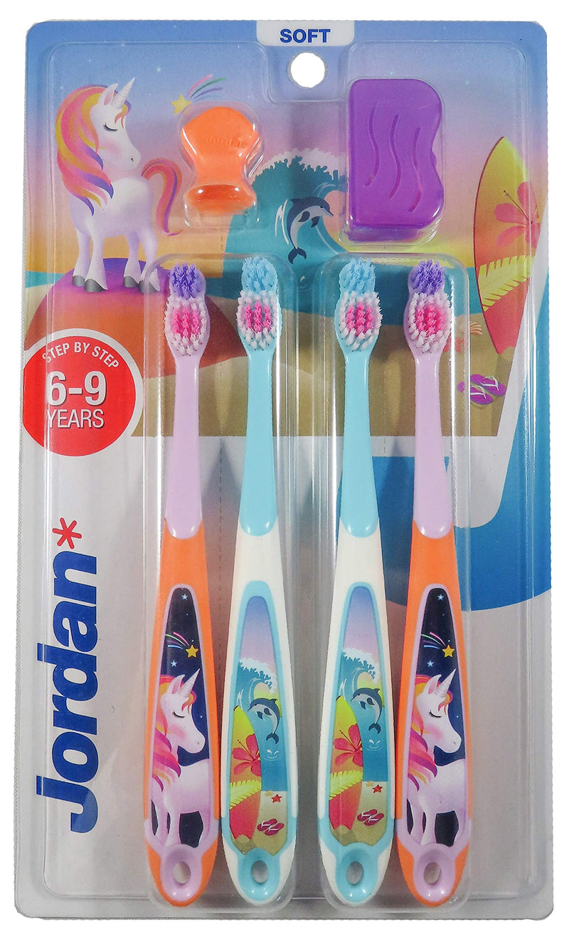 [Australia] - Jordan ® | Step 3 Toothbrush Kids | Kids Toothbrush for Age 6-9 Years Old | Soft Bristles, Dual Ergonomic Handle & BPA Free | Pink Color | Pack 4 Units Pink & Blue 