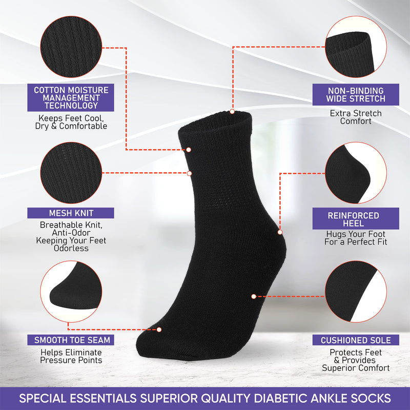 [Australia] - Special Essentials 12 Pairs Men's Cotton Diabetic Ankle Socks Black Grey White (10-13, Black) Large 