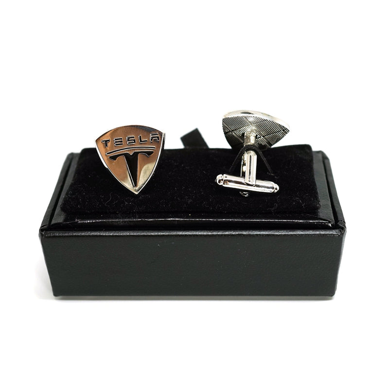 [Australia] - Teri's Boutique Tesla Logo Car Brand Silver Tone Black Point Men's Jewelry Cufflinks w/Gift Box 