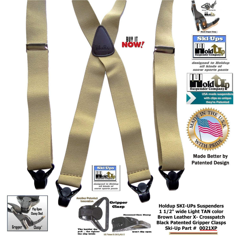 [Australia] - Holdup Brand Light Tan Snow Ski Suspenders in 1 1/2" width and X-back style with black Patented Gripper Clasp 