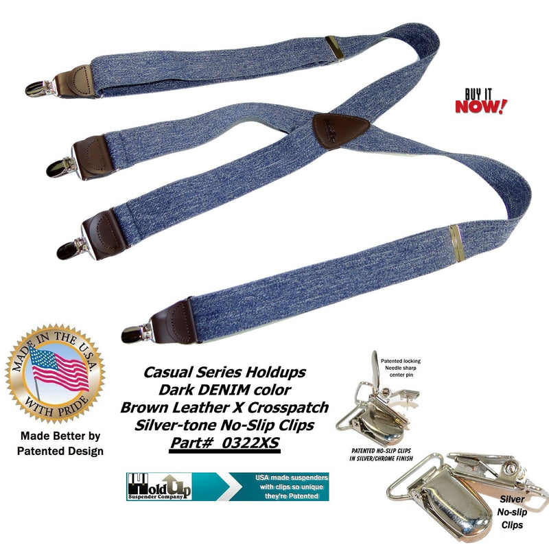 [Australia] - HoldUp Brand Dark Blue Denim X-back Suspenders with patented No-slip Nickel plated Clips 