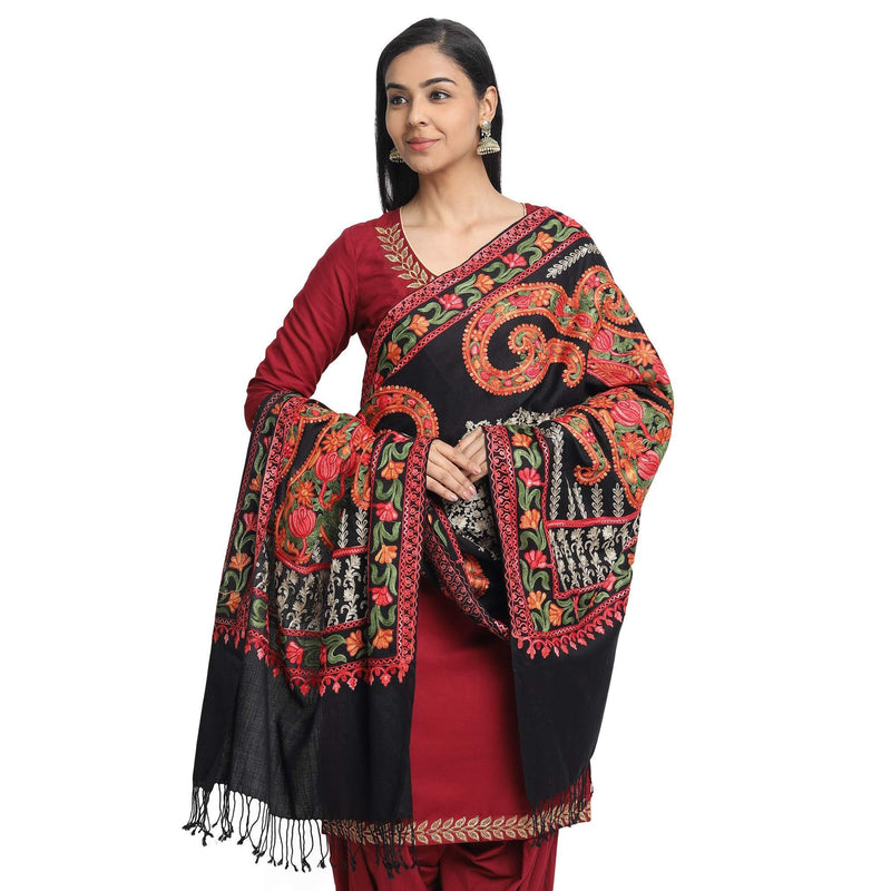 [Australia] - Kashmir Women Stole Shawl Scarf Wrap with Indian Embroidery Flower Black 
