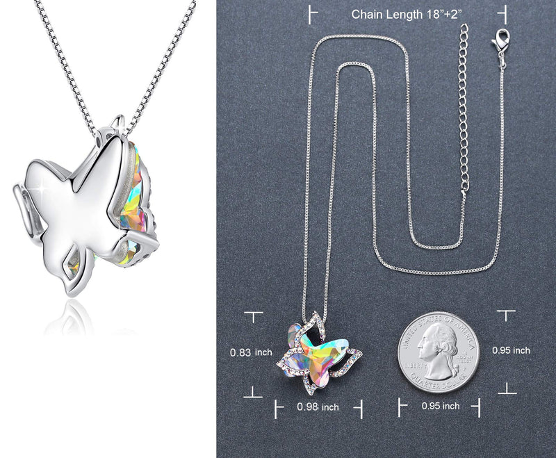 [Australia] - GEMMANCE Butterfly Crystal Necklace with Premium Birthstone, Silver-Tone, 18”+2” Chain April Birthstone - Rainbow Opal White Crystal 