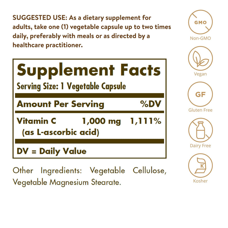 [Australia] - Solgar Vitamin C 1000 mg, 250 Vegetable Capsules - Antioxidant & Immune Support - Overall Health - Healthy Skin & Joints - Bioflavonoids Supplement - Non GMO, Vegan, Gluten Free, Kosher - 250 Servings 250 Count (Pack of 1) 