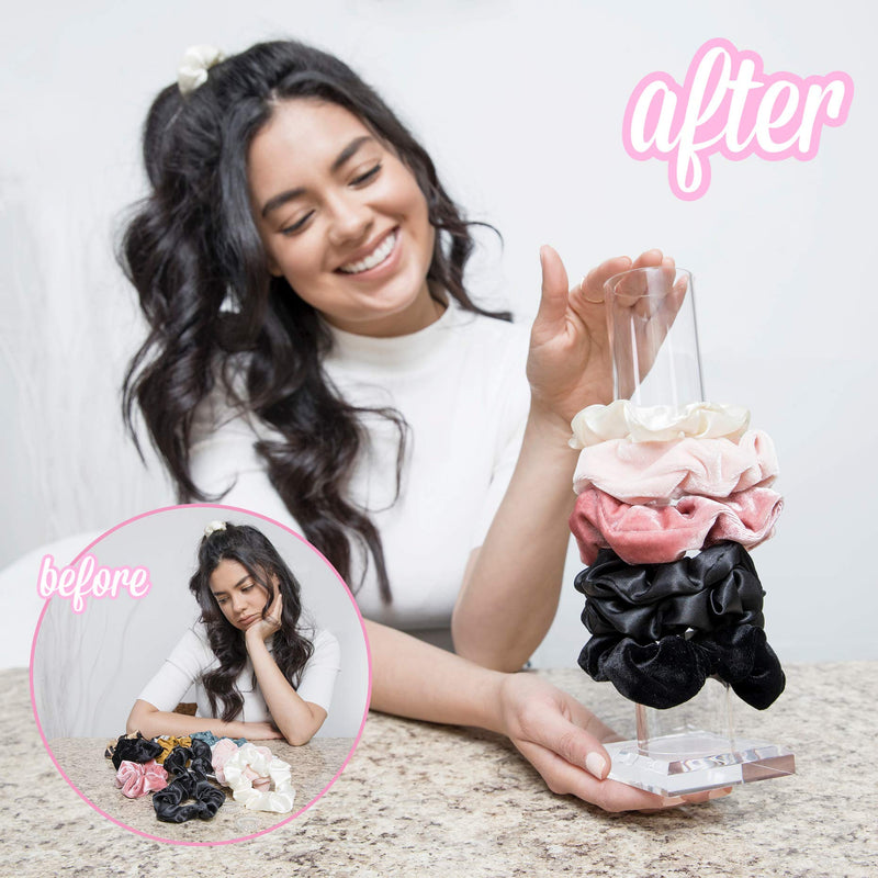 [Australia] - Acrylic Scrunchie Holder Stand | Scrunchie Organizer for Teen Bedroom Decor for Girls & Teen Girls Gifts | Hair Tie Organizer & Bracelet Holder INCLUDES Satin and Velvet Scrunchies 