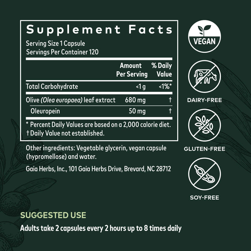 [Australia] - Gaia Herbs Olive Leaf - Traditional Immune Health Support - Immune System Supplement with Olive Leaf Extract and Oleuropein - 120 Vegan Liquid Phyto-Caps 120 Count (Pack of 1) Liquid Phyto-Capsules Standard Packaging 