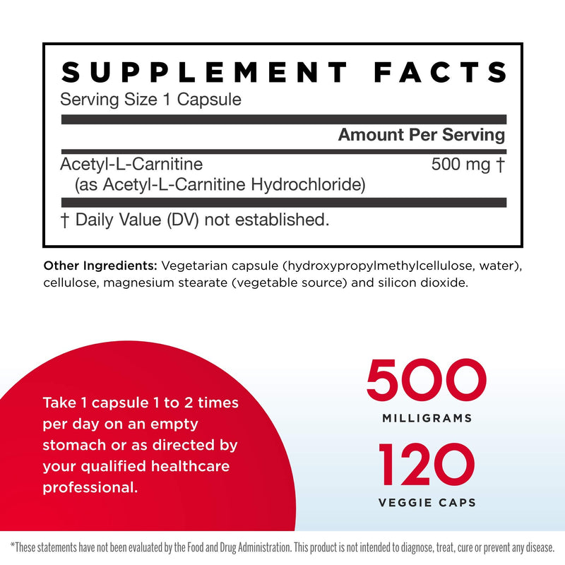 [Australia] - Jarrow Formulas Acetyl L-Carnitine 500 mg - 120 Veggie Caps - Antioxidant Protection for the Brain - Supports Energy Production & Metabolism - Heart & Cardiovascular Health - Up to 120 Servings 120 Count (Pack of 1) 