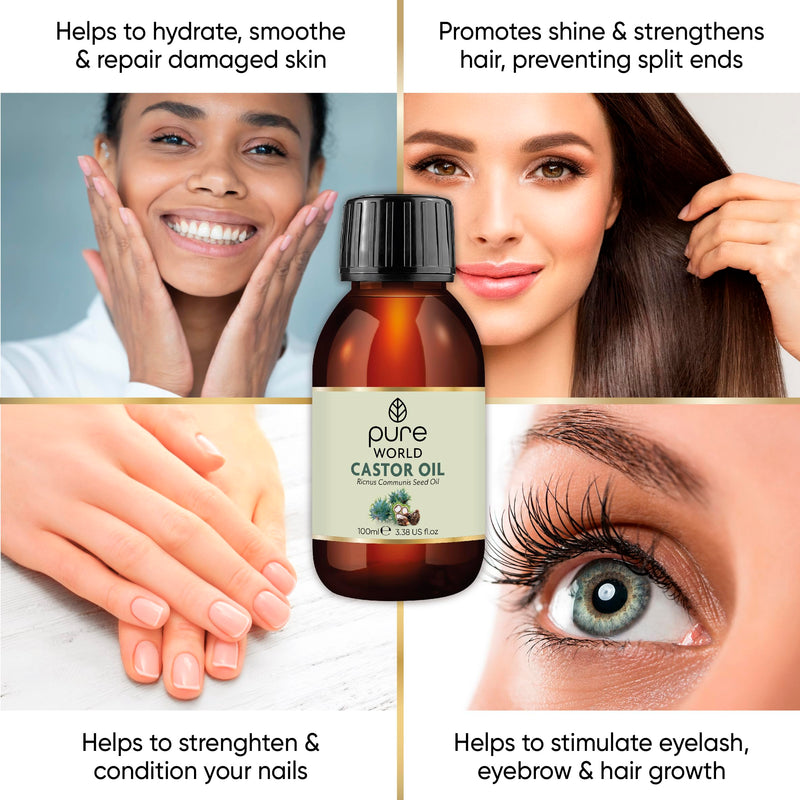 [Australia] - Pure World Castor Oil 100ML. Cold Pressed 100% Pure and Natural Hexane Free Eyebrows, Nails, Beard, Hair, Eyelash Growth Cruelty Free 