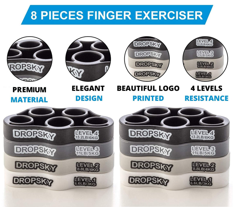 [Australia] - Finger Strengthener Hand Resistance Bands [8pcs], Finger Exerciser Grip Strength Trainer Hand Stretcher, Muscle Exercisers Improve Grips Performance (4 Levels 6.6lb, 8.8lb, 11lb, 13.2lb) 