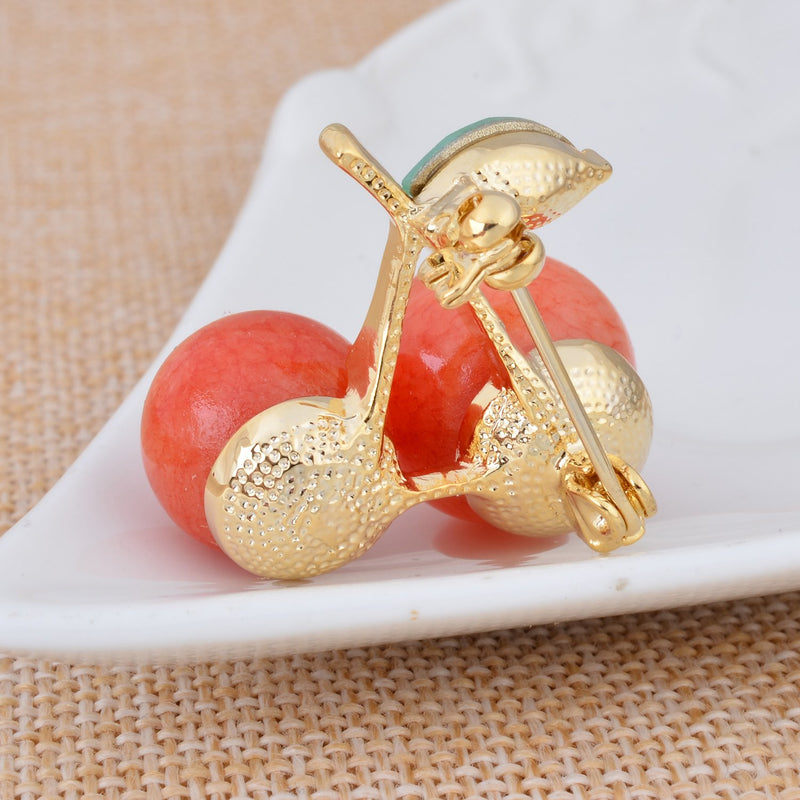 [Australia] - Fenni Cute Red Natural Gemstone Cherry Brooch Pin Crystal CZ Leaf Lapel Pin Party Holiday Jewelry Coral 