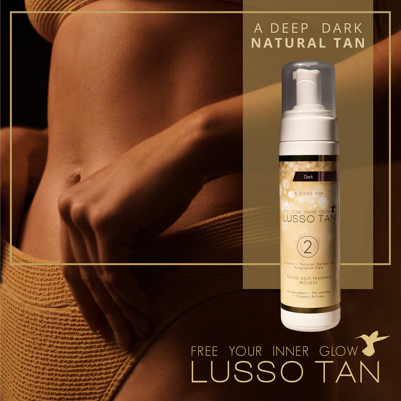 [Australia] - Professional Dark Self Tanning Mousse - By Lusso Tan. Organic, Vegan, Cruelty-Free False Tan. Instant-drying. Streak-free, Flawless Finish Fake Tan. Natural Glow Face and Body Tint. Tinted Self-Tanning Mousse - Dark 
