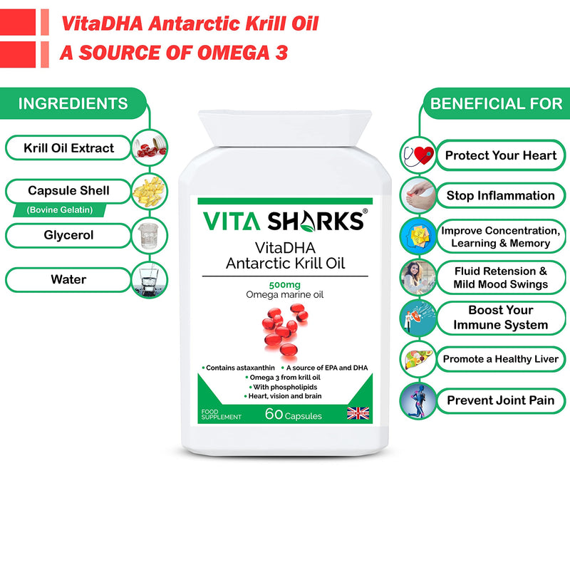 [Australia] - VitaDHA Antarctic Krill Oil a Potent Source of EPA, Astaxanthin & DHA for Brain Function, Heart Health, Blood, Hair, Skin, Joints, Connective Tissues & Liver | Cod Liver Oil Alternative 