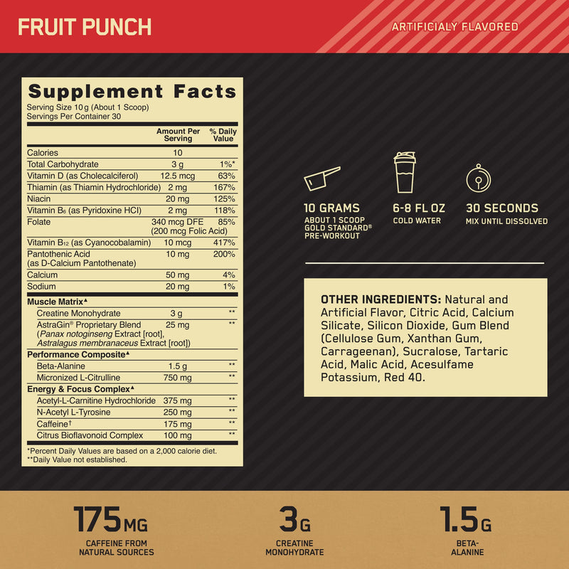 [Australia] - Optimum Nutrition Gold Standard Pre-Workout, Vitamin D for Immune Support, with Creatine, Beta-Alanine, and Caffeine for Energy, Keto Friendly, Fruit Punch, 30 Servings (Packaging May Vary) 